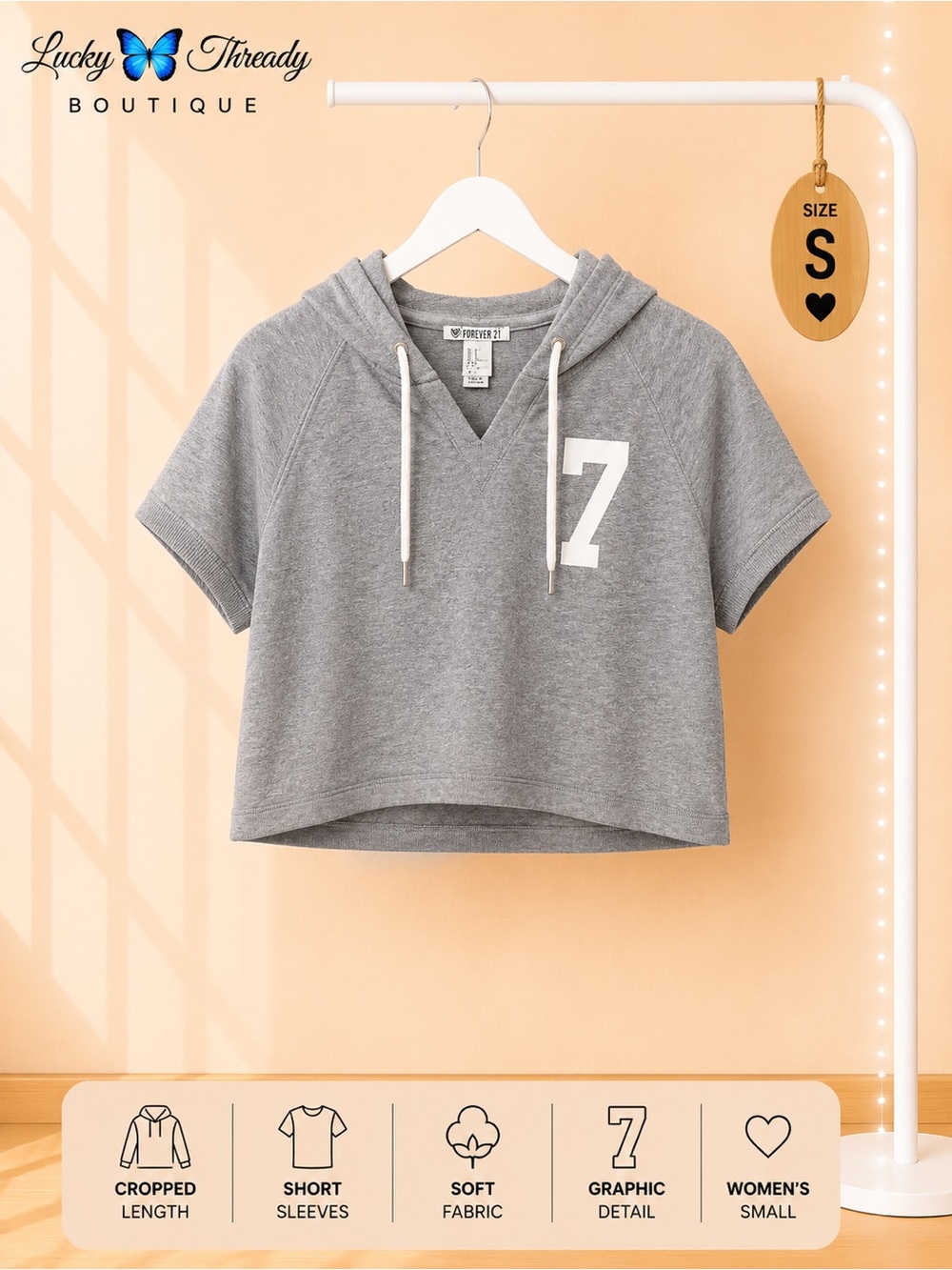 Forever 21 Gray Cropped Short Sleeve Hoodie with White '7' Graphic
